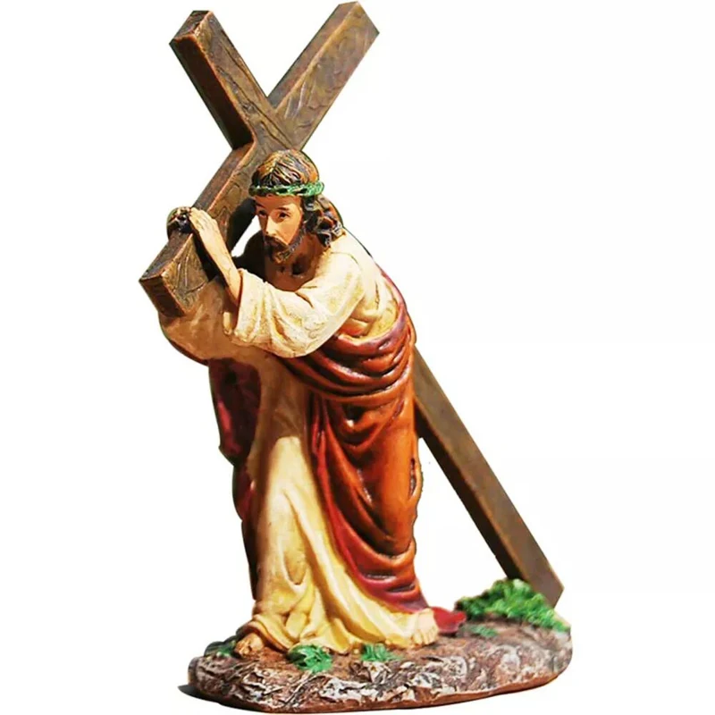 Adornos Religiosos Personalizados de Poliresina Pintados, Estatua Decorativa Católica para Mesa, Figura de Resina de Jesús Llevando la Cruz Crucificada