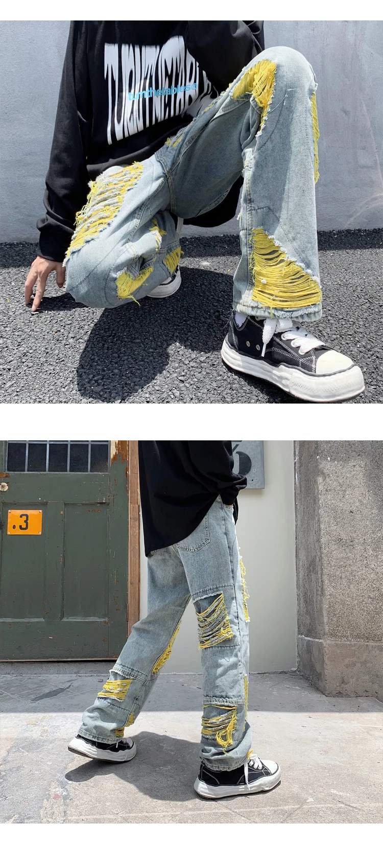 Men's Streetwear Hiphop Patchwork Embroidered Tassel Jeans Stacked Distressed Ripped Vintage