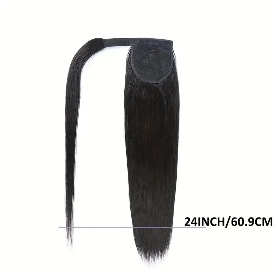 Queue de cheval lisse brésilienne Remy de 8 à 32 pouces avec clip magique enroulé autour de la queue de cheval en couleur noire naturelle_voghion.com