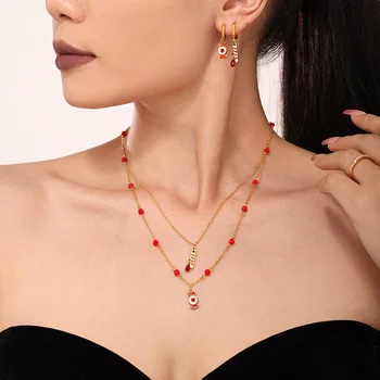 Women's Stainless Steel 18K Gold Plated Merry Christmas Jewelry Set Candy Gift Double Layer Necklace Bracelet Earrings Parties