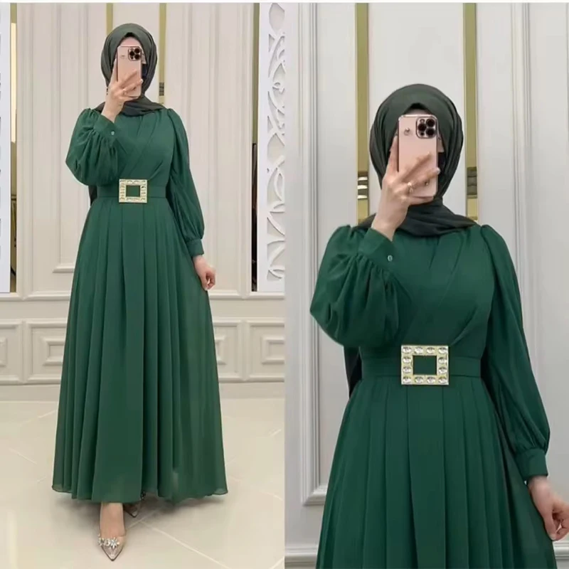 Dubai Woman Muslim Dress Clothing Long Sleeves Round Collar Solid Color ...