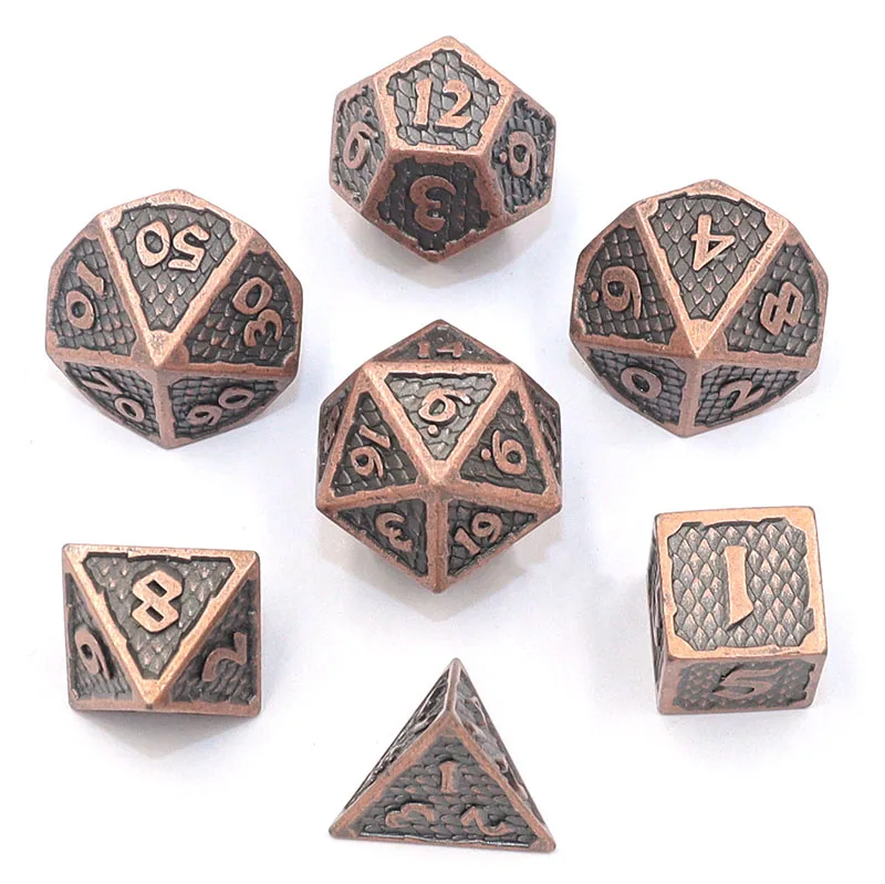 DNDND Dragon Scale Metal Dice Set - 7-Piece Ancient Copper Polyhedral Dice For D&D, RPG | Includes Metal Case