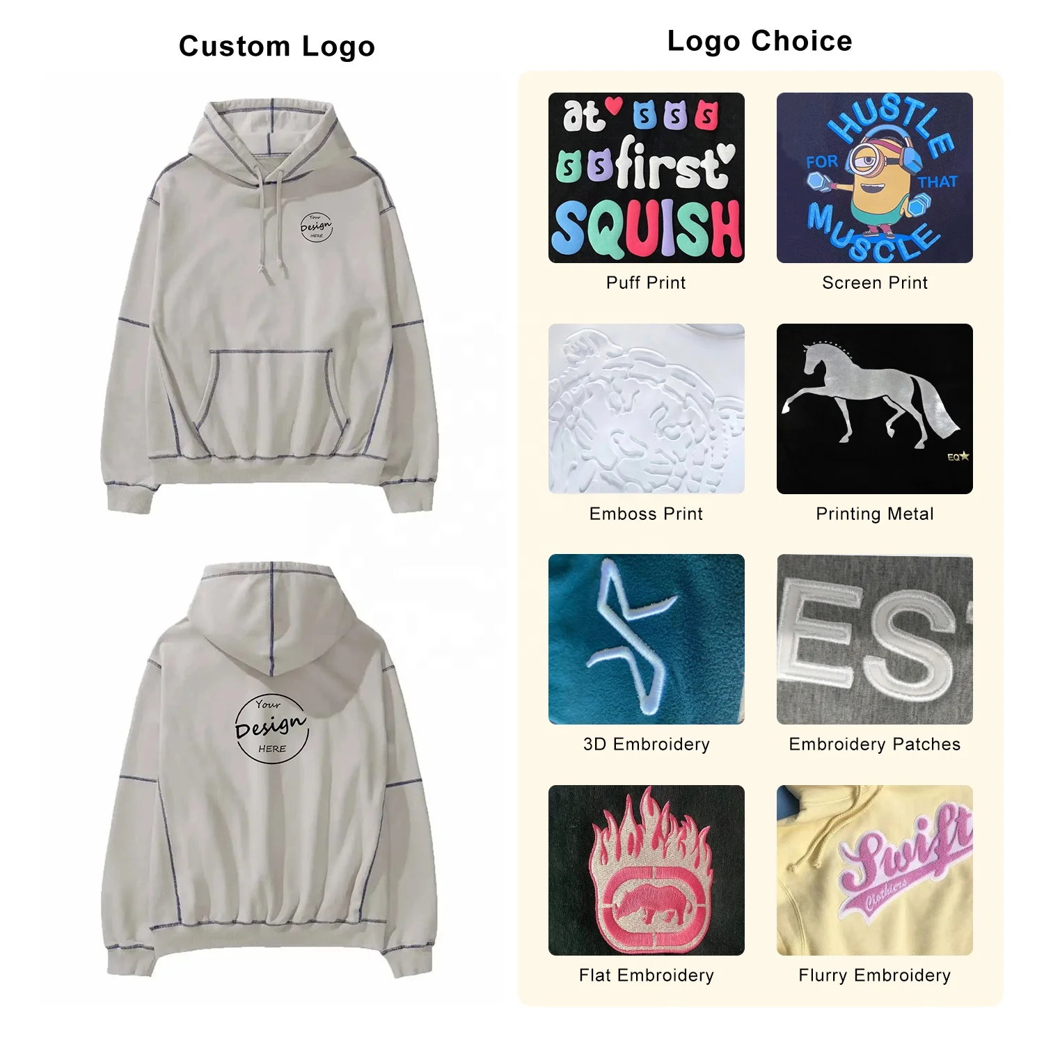 JL1103C Heavy Pullover Hoodie Men Oversized Cotton Plain Pullover Men’s Puff Printing Street Hoodie