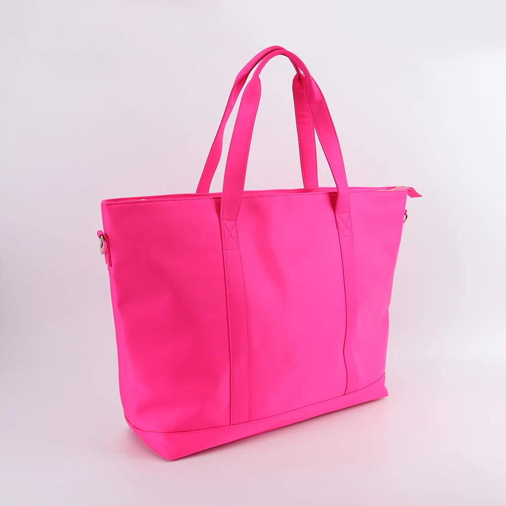 Keymay Fast Ship Large Hot Pink Women DIY Letter Patch Girls Nylon With  Handle Long Shoulder Strap Travel Bag Zippered Tote Bag
