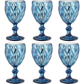 Vintage Wine Glass Goblets Set of 6pcs Glassware Set Blue 8oz Blue Goblets Drinking Cups Red Wine Glasses for Weddings