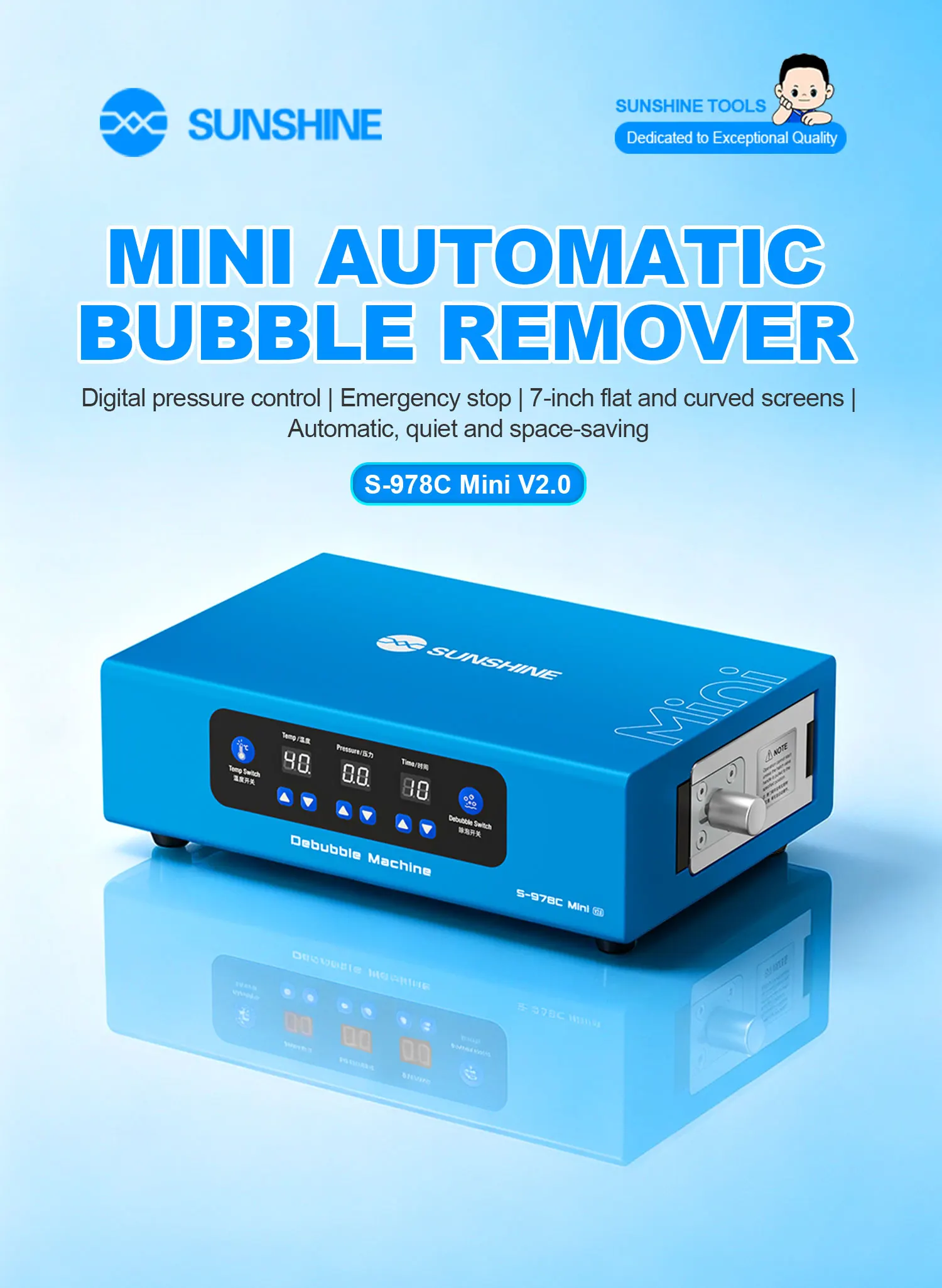 SUNSHINE SS-978C Mini V2.0 Automatic Screen Bubble Remover 7Inch Digital Pressure Control Debubble Machine for LCD Screen Repair
