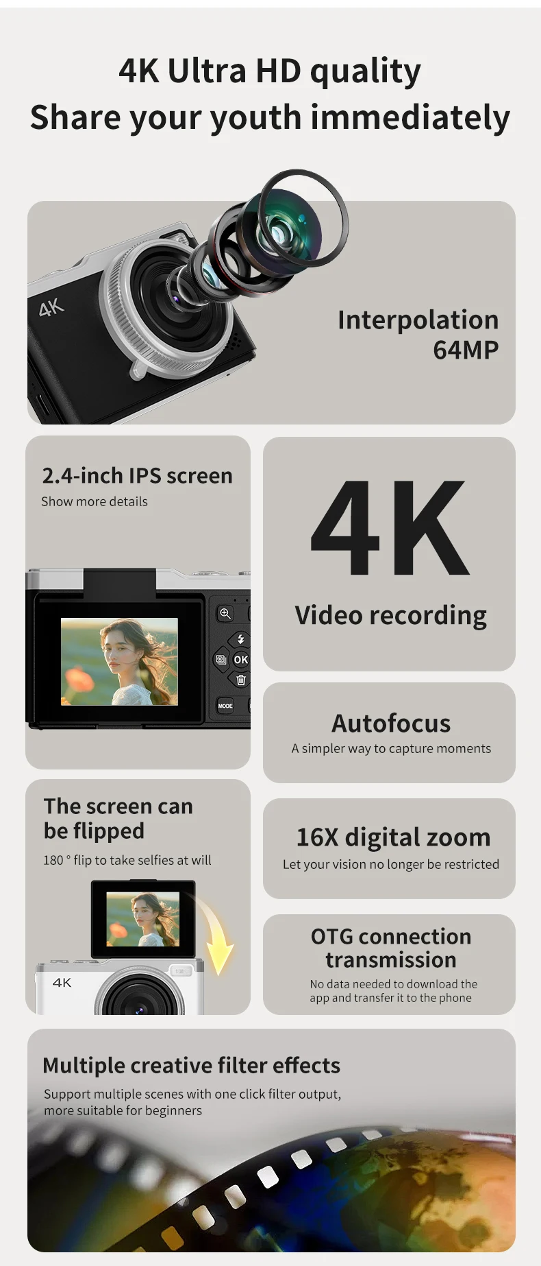 Compact Camera - 2.4inch HD 64MP CCD Digicam for Kids