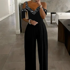 New 2025 Women's Elegant Jumpsuits with Sequins Sexy Solid High Waist Jumpsuit Women Wide-leg Short Sleeve Jumpsuit for Party