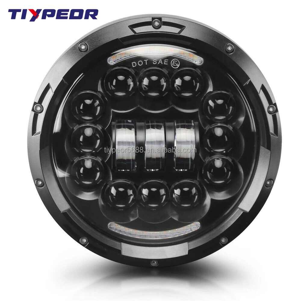 product tiypeor 7 inch 90w led headlight black chrome round with drl turning signal light for jk cj tj hummer for motorcycle-8
