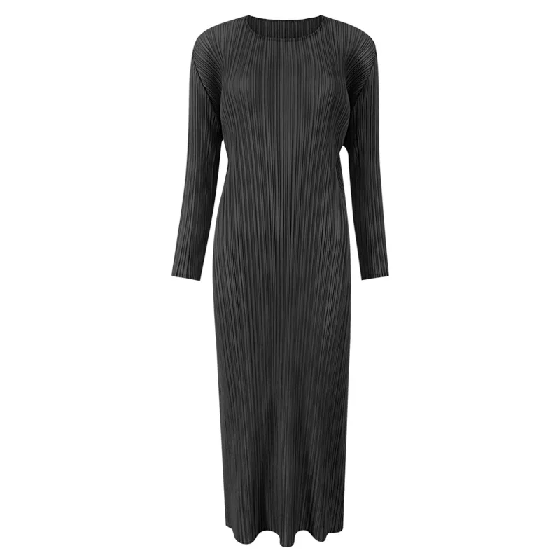 Pleated Basic Long Sleeve Solid Color Dress Women's Mid-Length Simple Slim Fit Slit Spring and Autumn Base Skirt