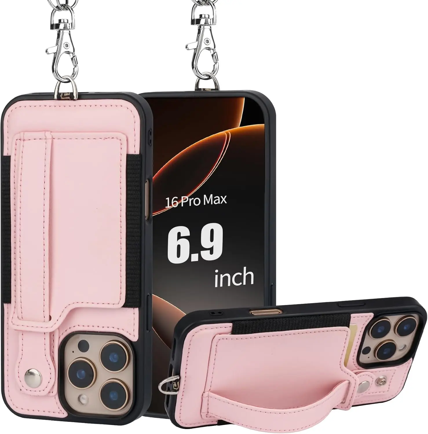 Case for iPhone 16 Pro Max Cover with Wallet Strap Lanyard Case with Card Holder Stand Leather Cover Adjustable for Girls Women