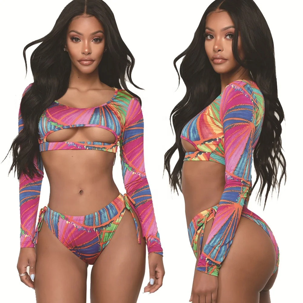 2021 Rainbow Print Bikini Set Long Sleeve Hollow Topless Top Lace up Panties Swimsuit