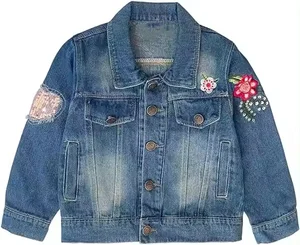 Best Selling Antumn Blue Jean Jackets With Button Custom Rainbow Patch Girls Demin Jacket