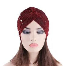 Promotional Beaded Bling Knotted Turban Headwrap Shinny Pearl Ruffle Twisted Turbans