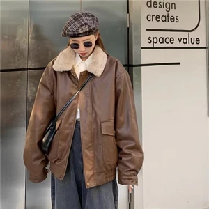 Women's Winter Waterproof Zipper Closure Detachable Fur Collar Front Logo Solid Leather Plain Dyed