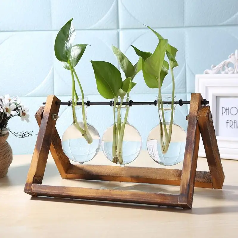 Glass Hydroponic Plant Vase Holder Terrarium Flower Pot Wooden Planter Decor 
