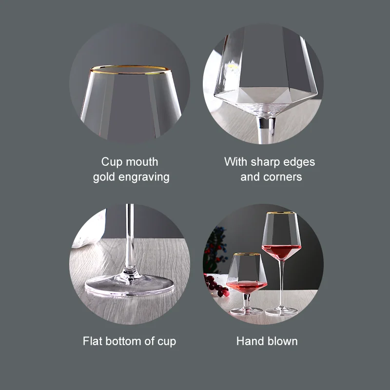 Wholesale Luxury Crystal Diamond Shaped Short Stem 14oz Custom logo Gold Rim Good Modern Brandy Goblet Red Wine Glass