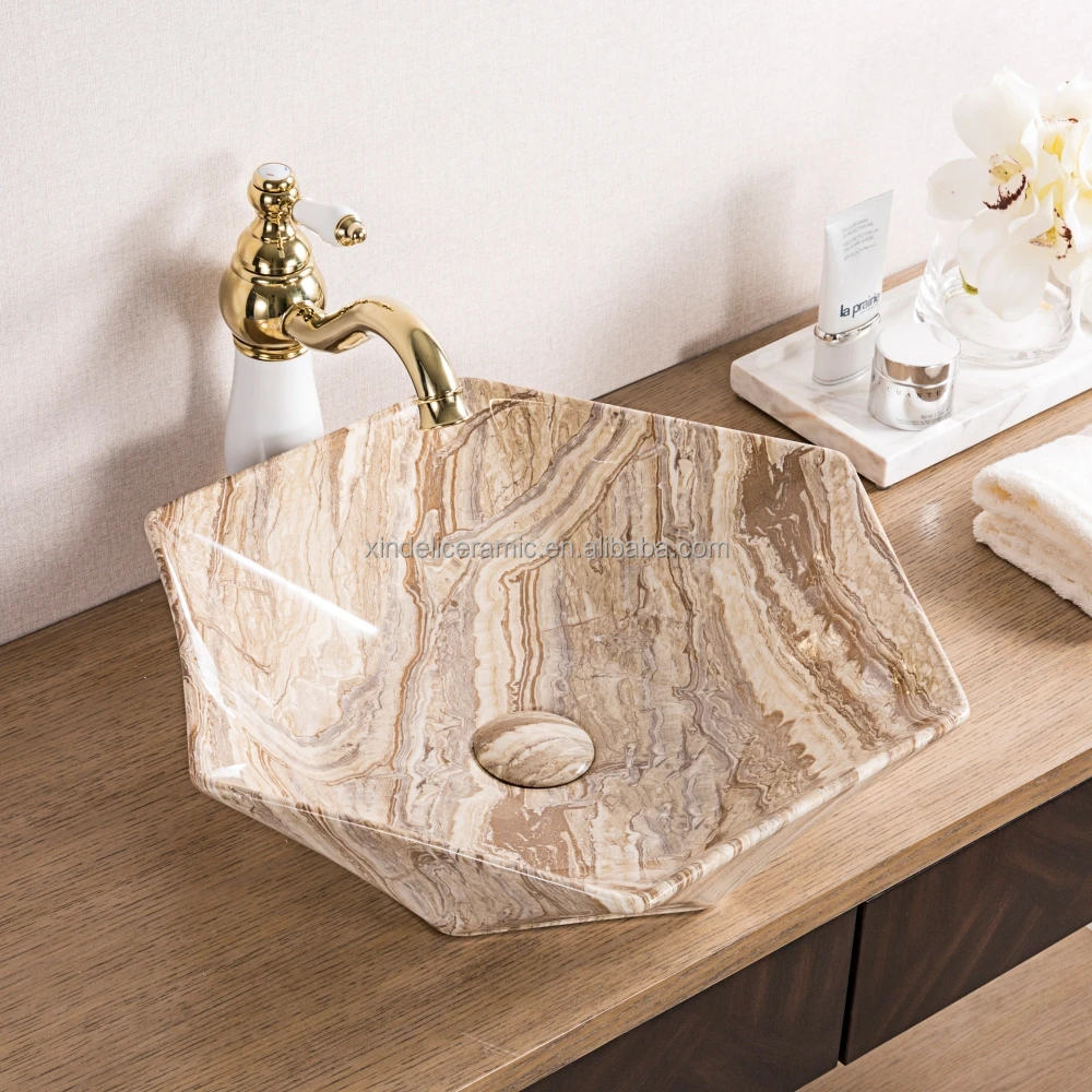 Hexagon Marble Ceramic Wash Basin Lavabo Bathroom Granite Colored Sinks