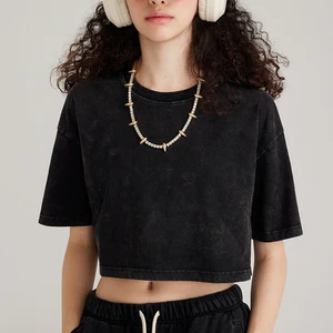 Summer Women's Vintage Washed Round Neck Cropped T-Shirt