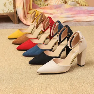 Cross-border  Pointy Thick Heeled Fabric Shallow Mouth Sandals High Heels Women's Large Size Women's Shoes