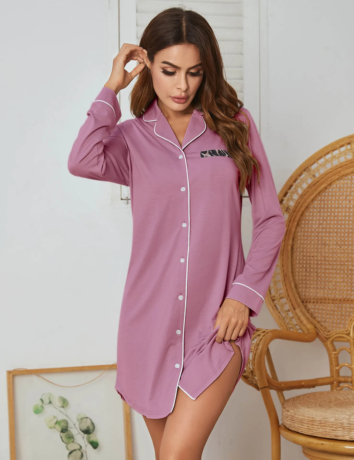 long sleeve pyjama dress Women's Nightgown Cute Long Sleeve Sleep Shirt Pleated Nightshirts Soft Pajama Dress White L