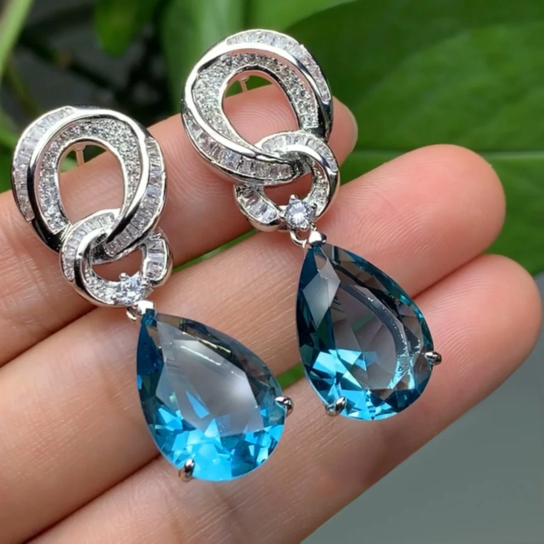 925 Sterling Silver Earrings 5A CZ Aquamarine Mossinate Blue Topaz Diamond Earrings Dangle Drop Earrings