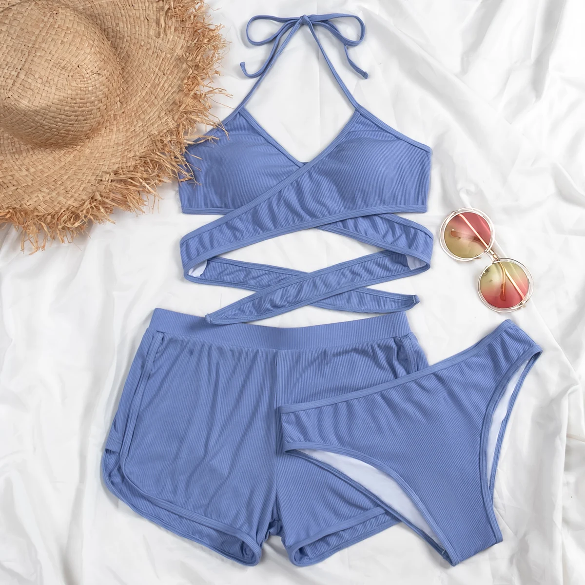 批发高腰比基尼户外短裤三件套泳衣纯色泳装热卖2021