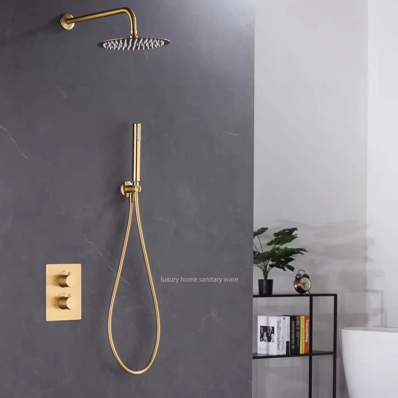 Modern Constant Temperature Shower Set Brass Hidden Shower Faucet Bathroom Brushed Gold Shower Faucet Set