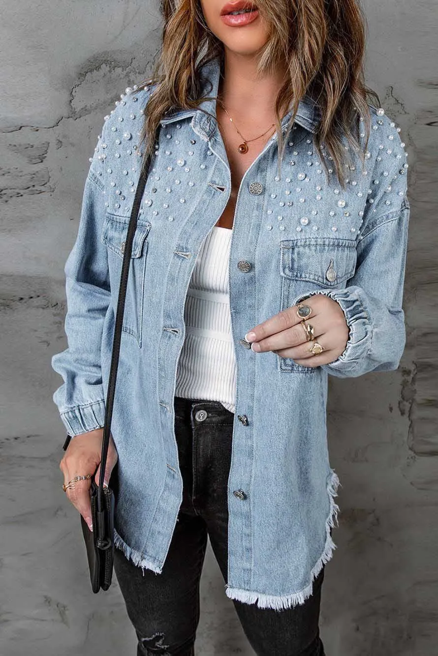 Ladies Denim Jacket Long Sleeve Raw Fringe Pearl Women Jacket Wholesale Large Size Coat
