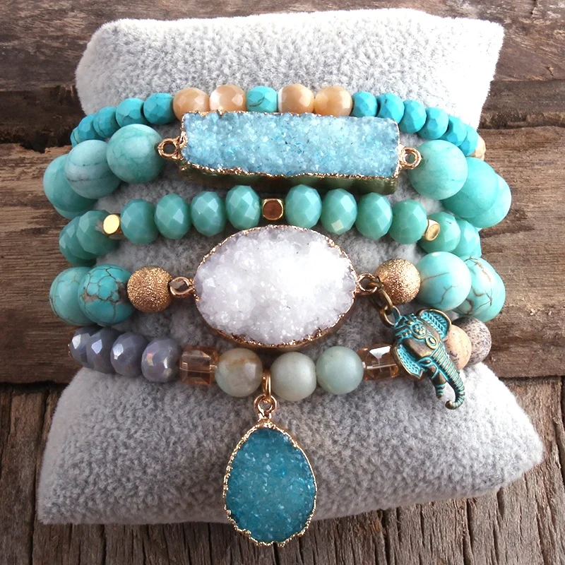 Set di braccialetti elasticizzati con perline in legno naturale e perle e agata in stile 4 pz all'ingrosso