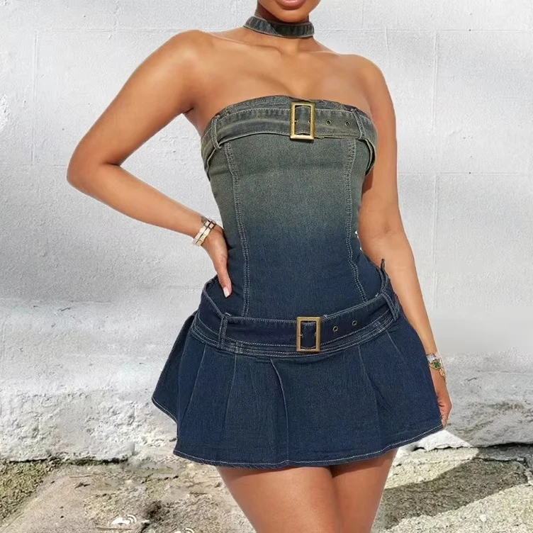 Zhezhe Vintage Strapless Women Denim Dress Slim Belted Pleated Blue Gradient Gown Halter Mini Short Dress Zhezhe Vintage Strapless Women Denim Dress Slim Belted Pleated Blue Gradient Gown Halter Mini Short Dress