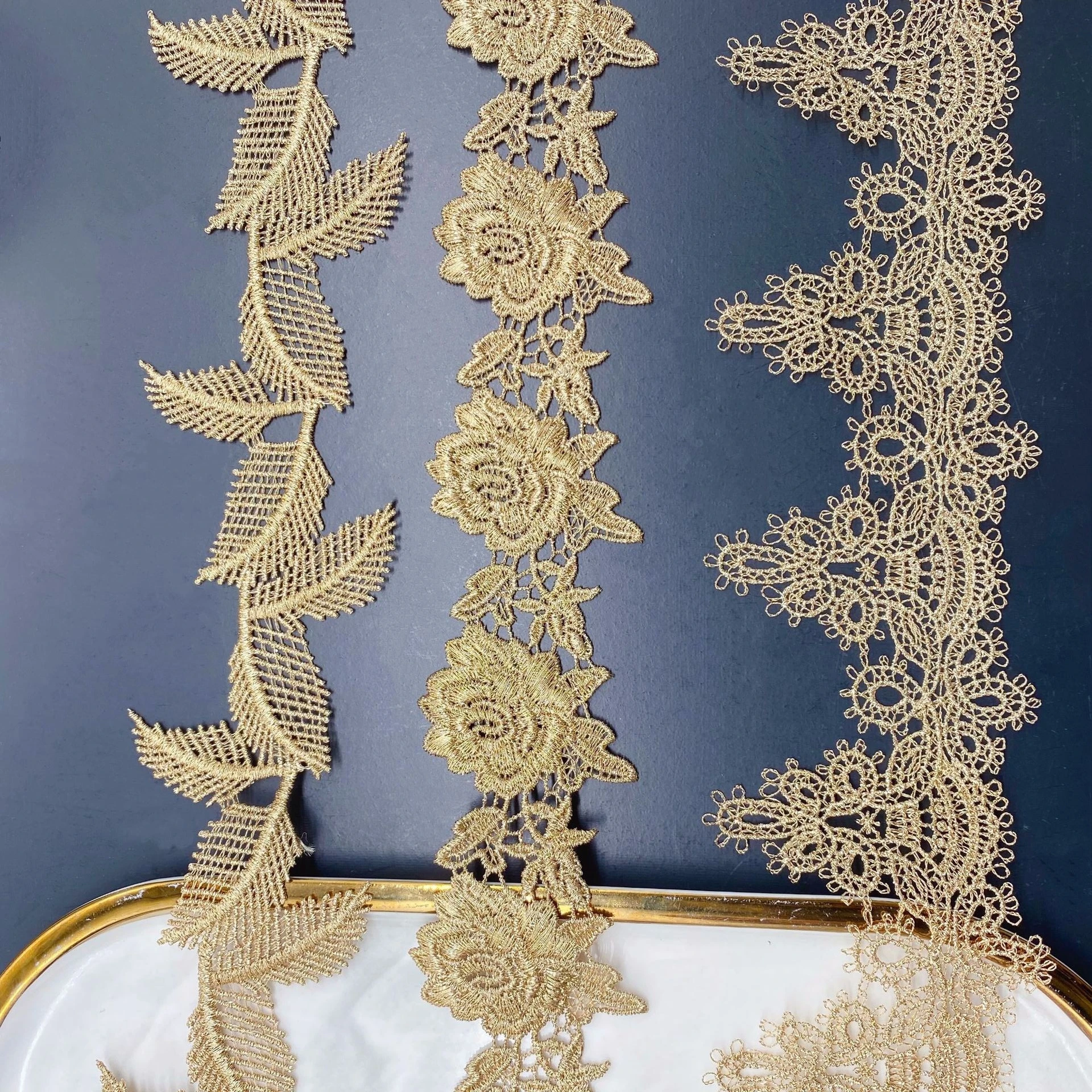Golden Water Soluble Chain Lace Trimming Polyester bar Code Leaf Lace  Ribbon for Dress