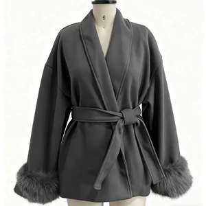 Luxury Elegant Medium Length Ladies Coat Soft Belt Fluffy Fox Fur Cuffs Autumn Winter Commute Solid Color Woman Coat