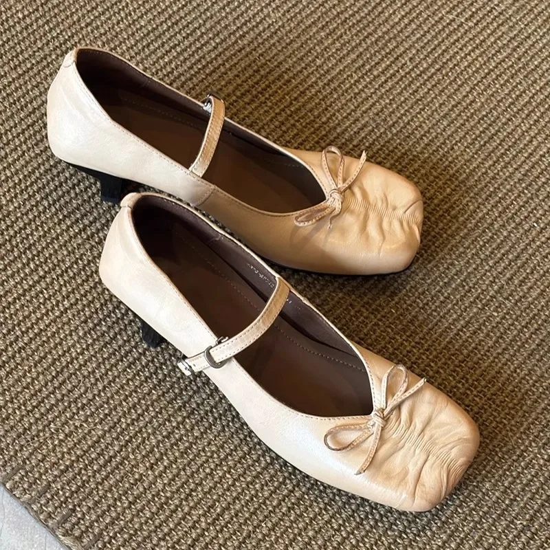 Square Toe Summer Vintage Mary Jane Shoes Women French Elegant Bowknot Thick Heel Pumps Ladies - Image 5