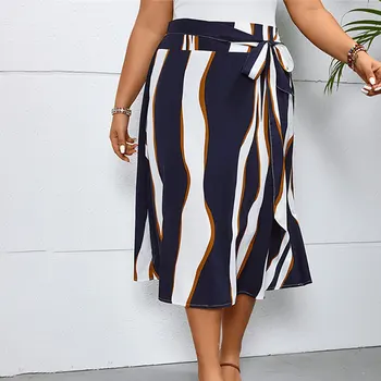 Plus Size Striped Print Lace Up Ladies Skirt Recommend A line Elegant Women's Skirt