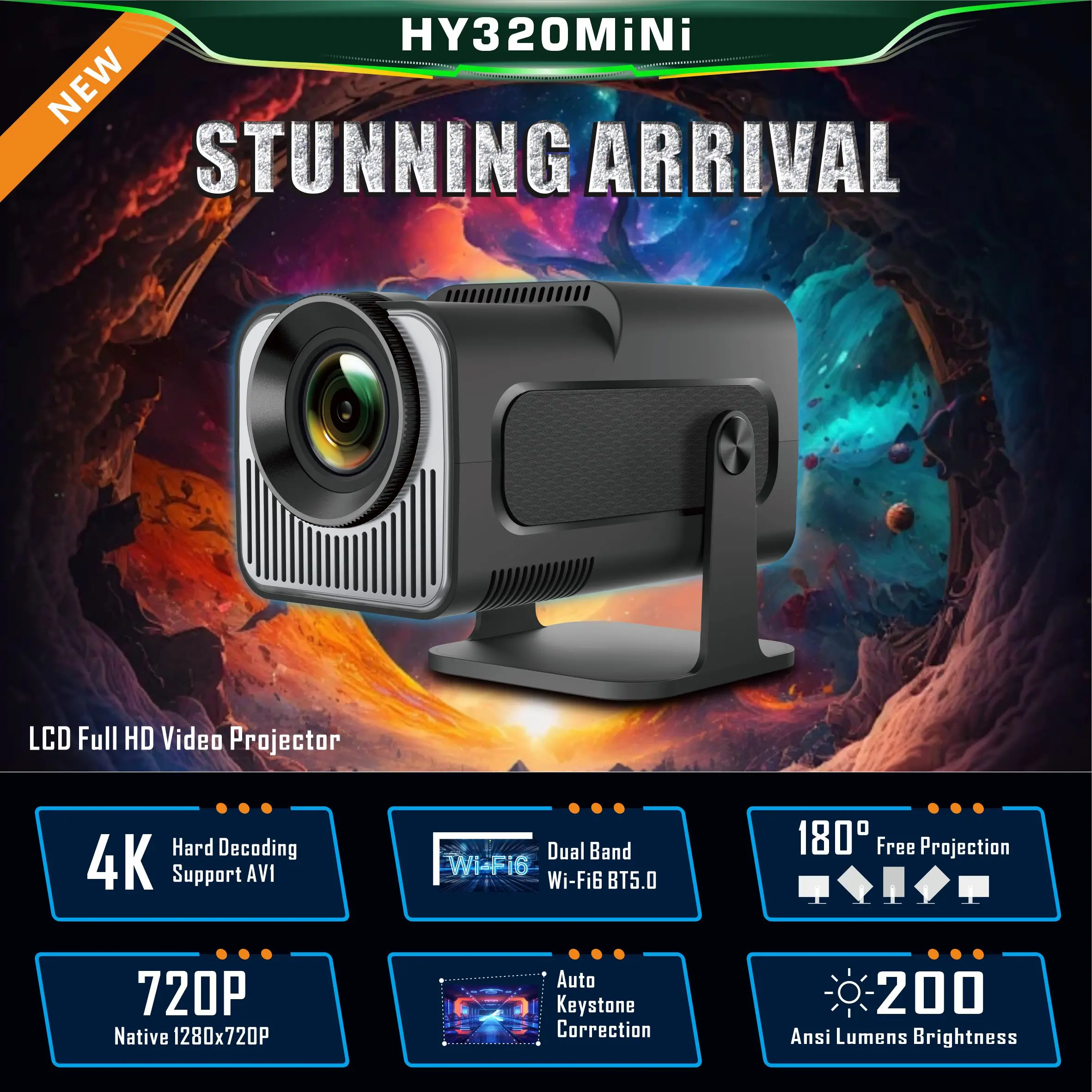 HY320mini Newest Model Android 11 Home Theater Projector 1GB 8GB Upgrade Version Dual Wifi 6 720P Portable Mini Projector