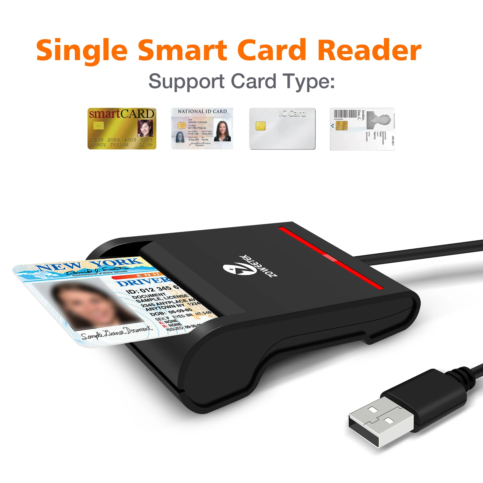 ZOWEETEK ISO 7816 ID Reader Writer Chip Card EMV CAC SIM USB Smart Card Reader No Driver ATM, Bank, Credit Card Reader Payment
