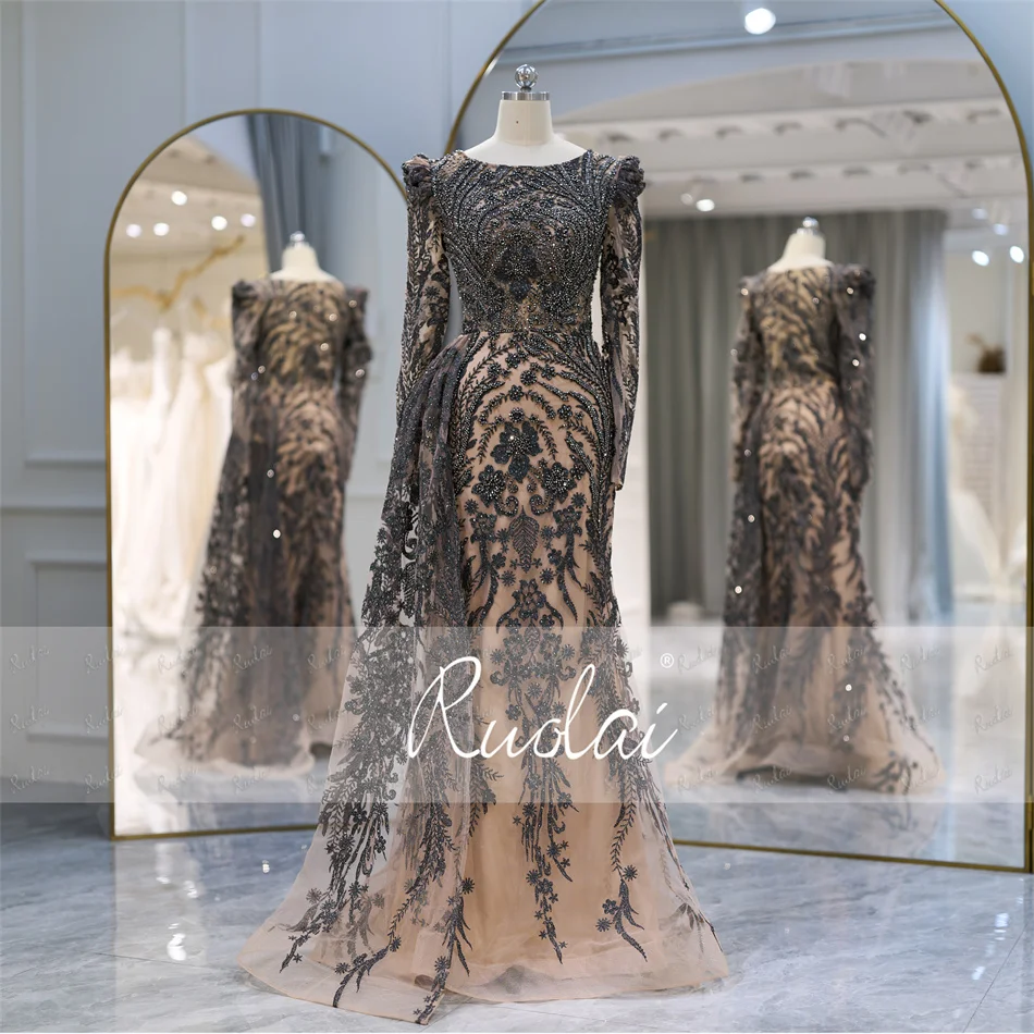 Ruolai Lwc8129 Luxury Evening Dress Beaded Crystal Long Sleeve Scoop