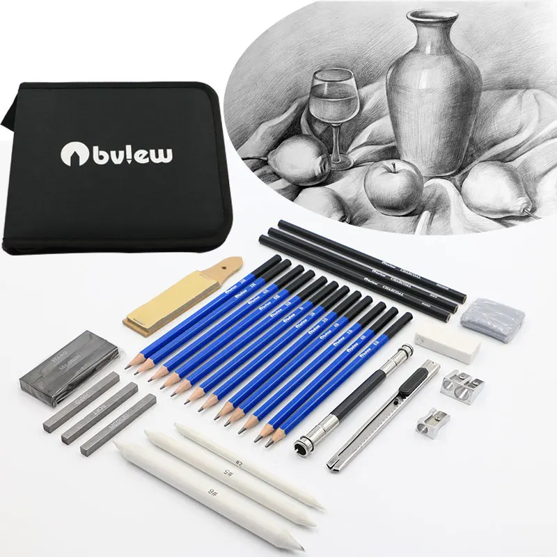 Bview Art Juego de 32 lápices de dibujo, kit de dibujo profesional con  lápices de dibujo, varillas de carbón de grafito en estuche portátil,  suministr