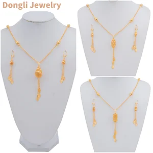 Dongli Jewelry Elegant Champagne Gold Middle Eastern Style Pendant Set - Exquisite Chain with Leaf Drop Necklace & Earring Set"