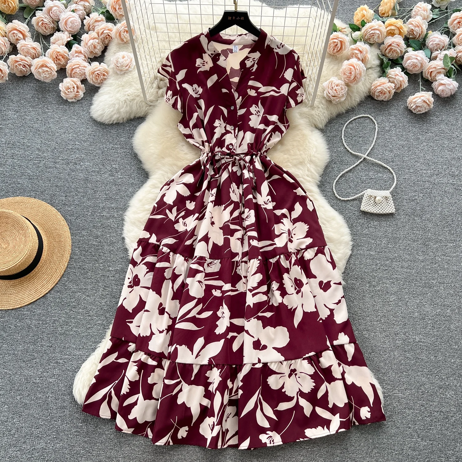 Summer French Vacation - Short Sleeve V-Neck Floral Chiffon Casual Dresses