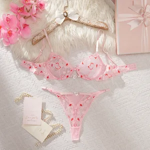 2026 Cross-Border European & American Love Lace Print Underwire Push-Up Valentine's Day Sexy Lingerie Set