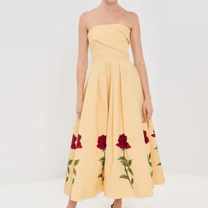 Wisrise Fashion Customize Design Women's Yellow Floral Pattern Strapless Sleeveless Party Midi Dress