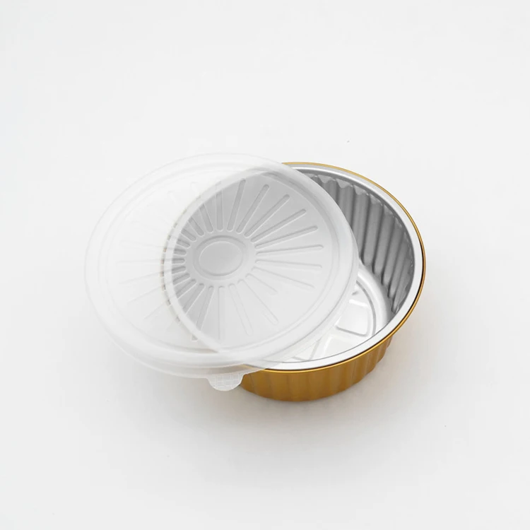 product food grade thickening 960ml gold color disposable round take away food box deep cake pan aluminum foil tray with plastic lid-5
