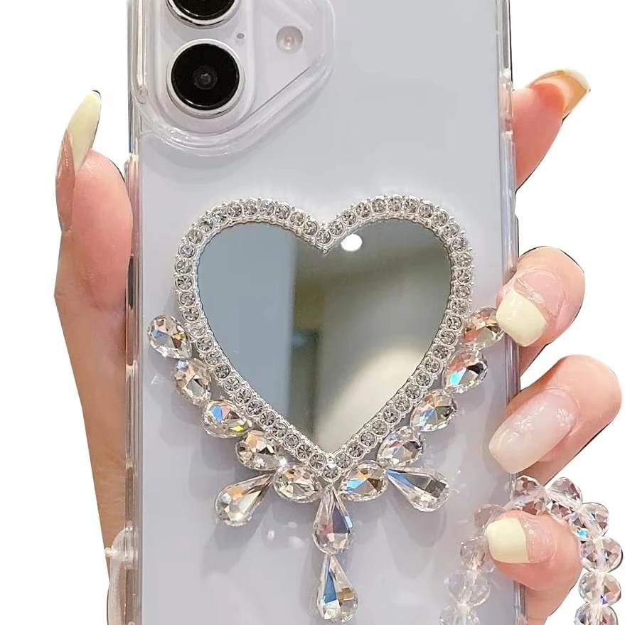 Case for iPhone 16 Plus Pro Max Mirror Case with Straps Luxury Glitter Diamond Crystal Rhinestone Love Heart for Girls Women