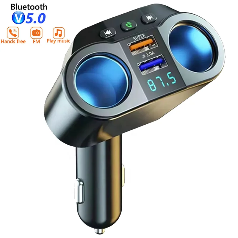 Car Cigarette Lighter Socket Splitter Car Handsfree FM Transmitter Dual USB  Fast Charger U Disk Car MP3 Player Bluetooth
