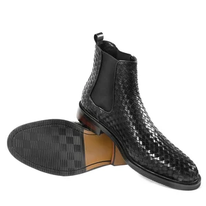 Hanmce Black Chelsea Boots Spring/ Winter High Quality Weave Pattern Genuine Leather Slip-On Elegant Luxury Ankle Boots for Men