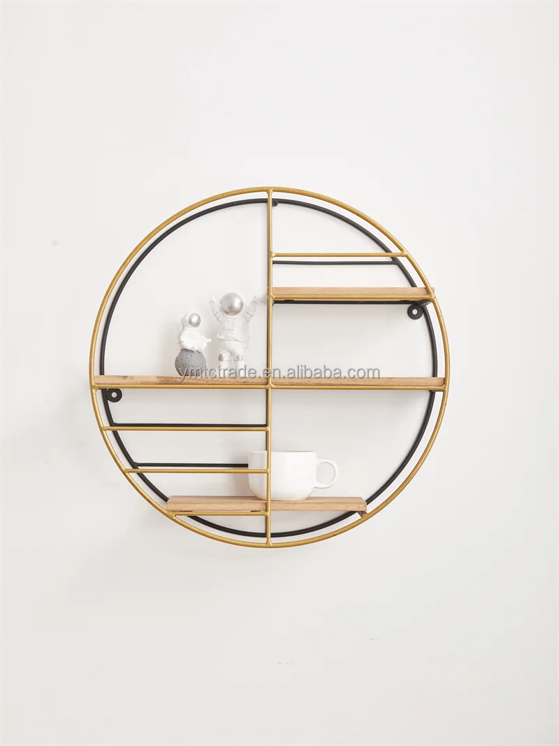 Black Metal Circle Round Wall Unit With Wooden Shelves Industrial Style