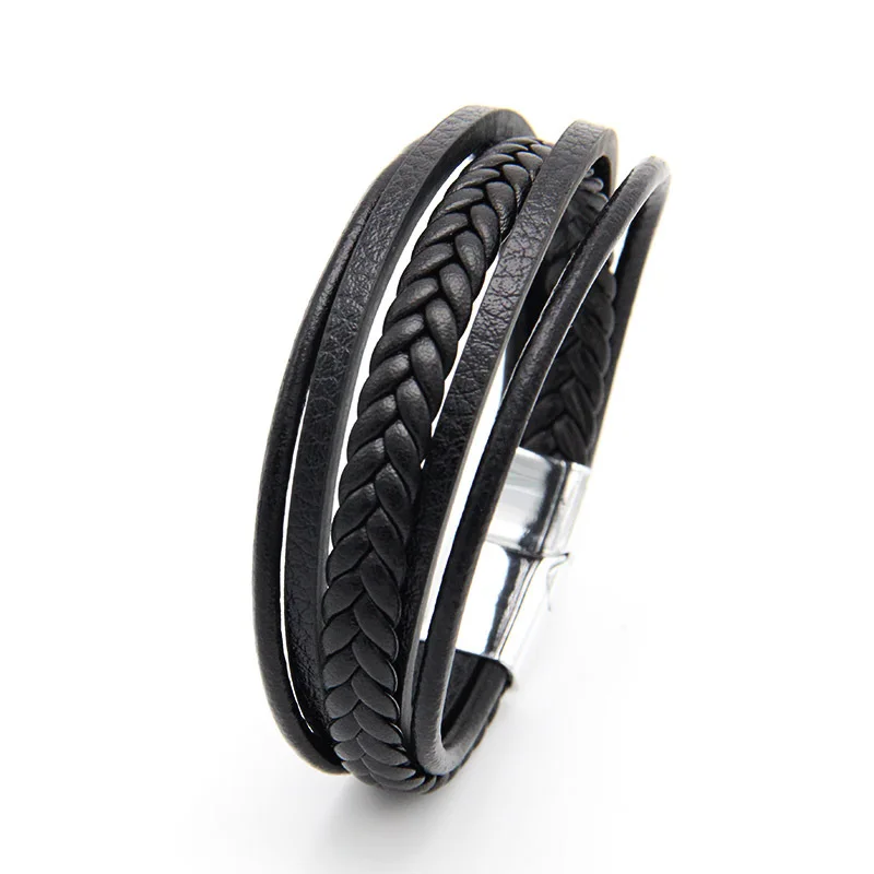 Multi-Layers Handmade Braided Genuine Leather Bracelet & Bangle Stainless Steel Fashion Bangles Gifts 