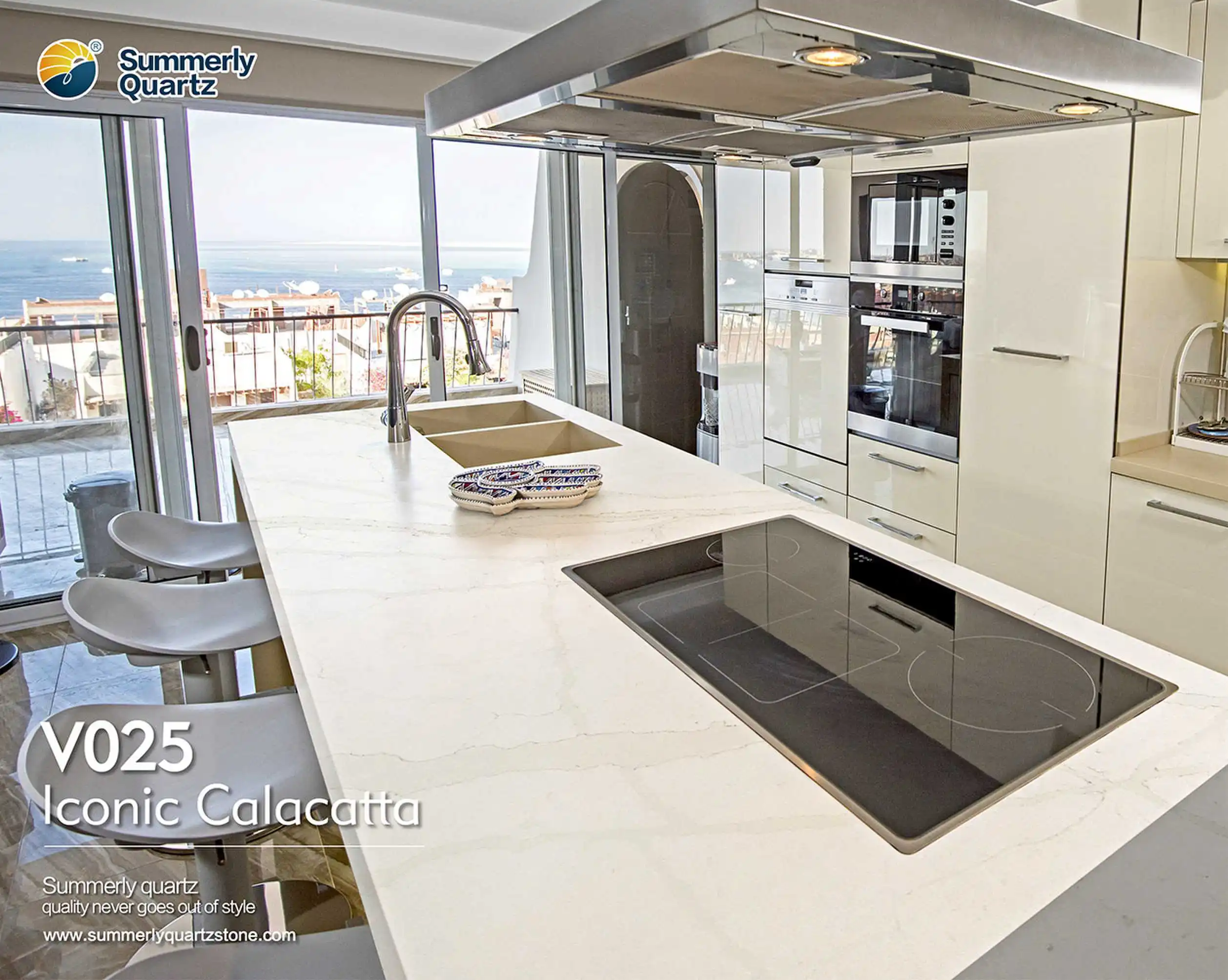 Summerly Modern Calacatta White Quartz Stone Slab Artificial Stone Tile for Floor and Countertop for Garden Use